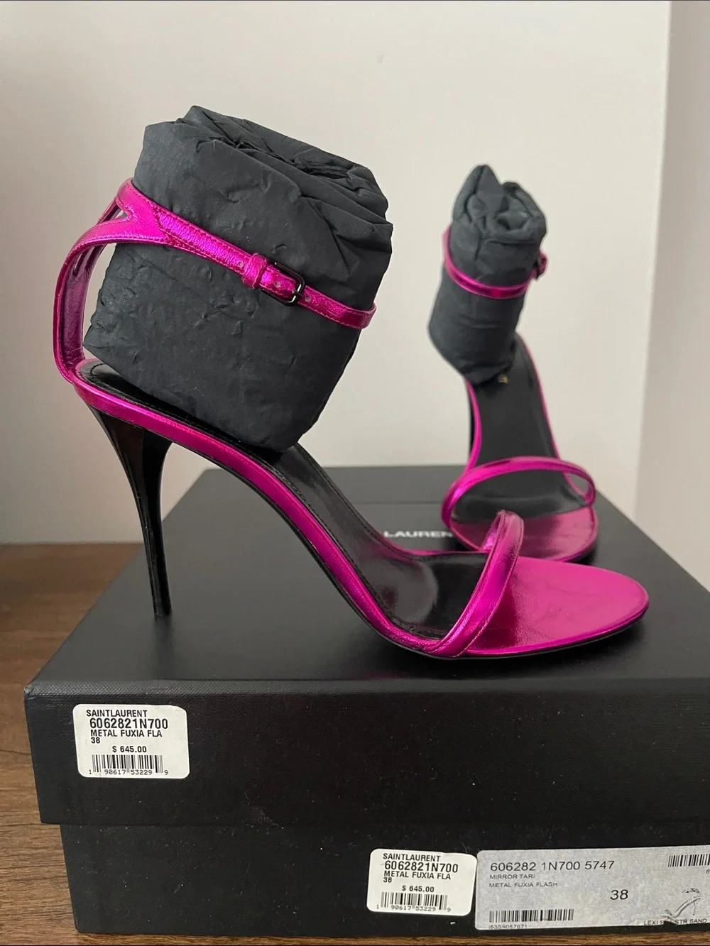 Saint Laurent Metallic Fuchsia Open-Toe Stiletto Sandals - Picture 3 of 12